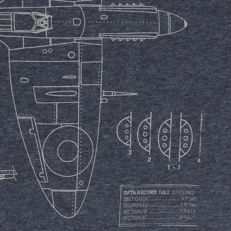 spitfire original blueprints printed on blue marl museum t-shirt with speed records